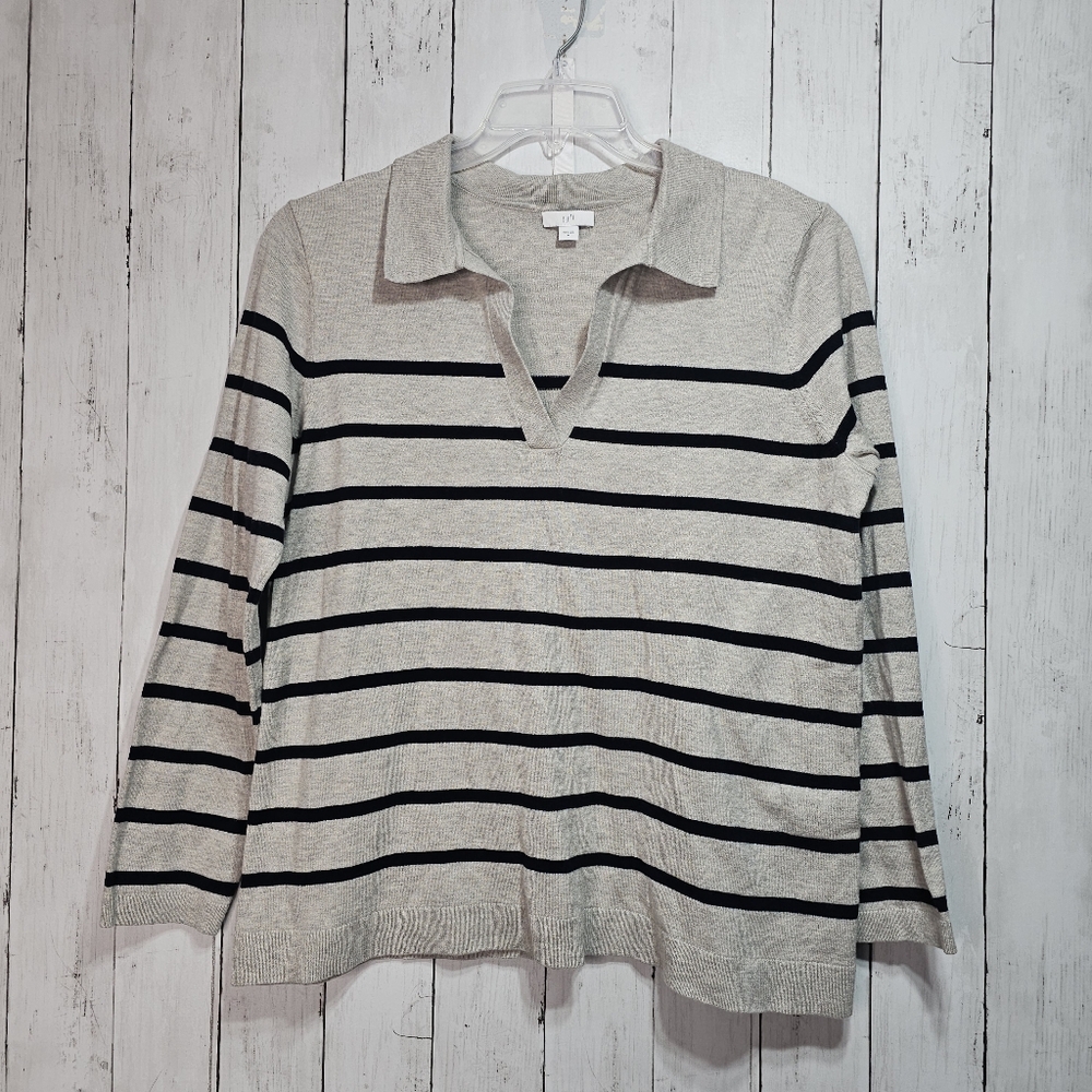 J. Jill Women's Beige Blue Striped Long Sleeve Cotton Blend Sweater Size Medium.